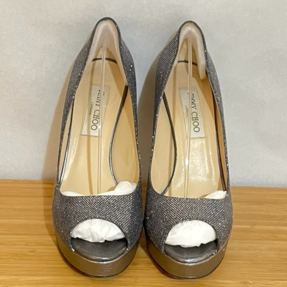 Jimmy Choo Dhalia stilleto pumps 120mm 3/4” platform Silver grey glitter EU38.5 - Picture 2 of 10